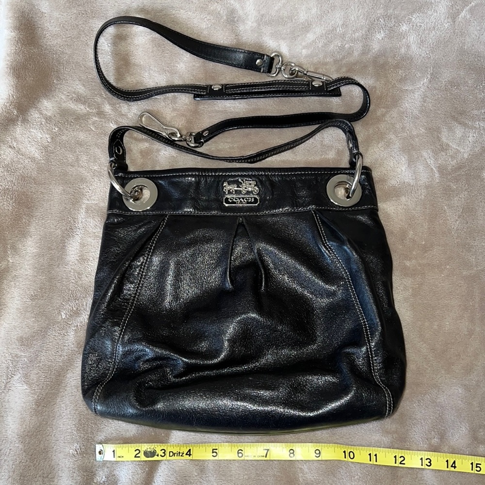Coach Black Leather Crossbody with Purple Silk Interior